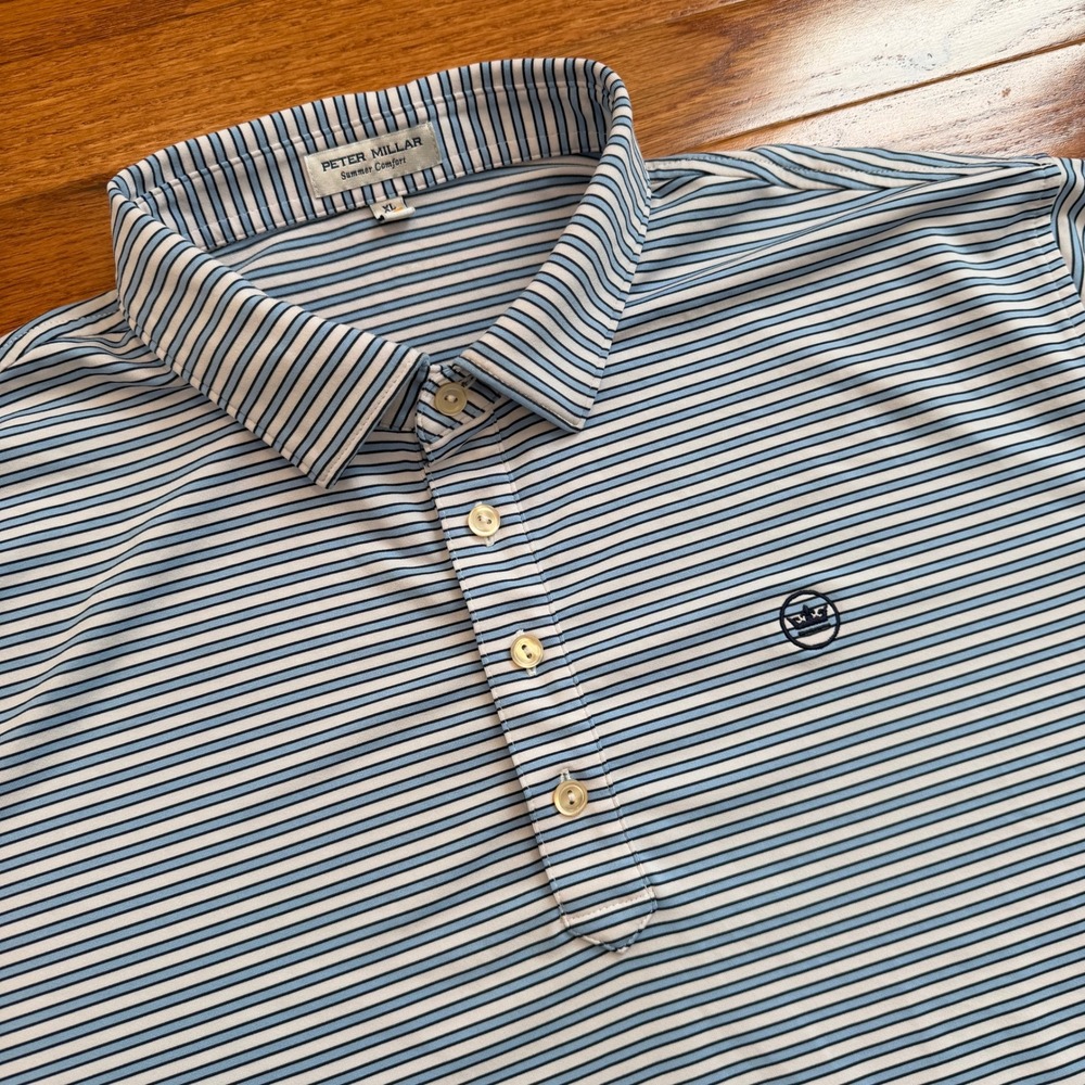 Peter Millar Summer Comfort Golf Polo Shirt Mens XL Blue Striped Crown Tour Logo